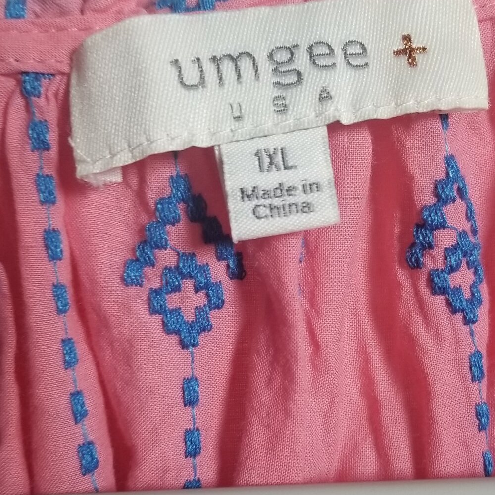 Umgee Women's Cotton Pink Blue Embroidered Mini Boho Prairie Dress Sz 1XL - Picture 3 of 6